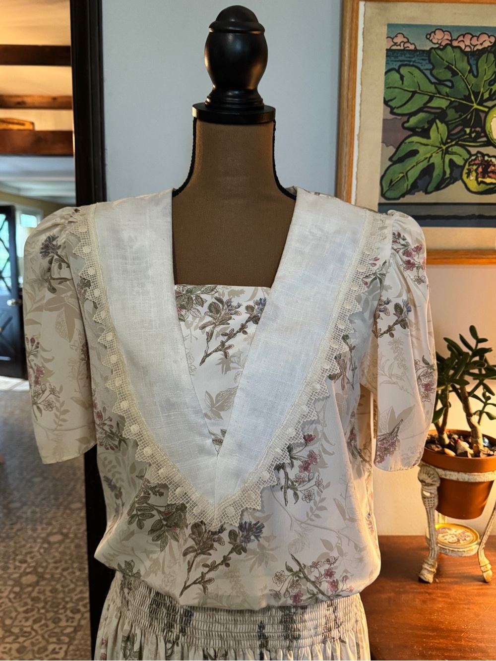 Vintage 80s Cream Floral Prairie Cottage Puff Sleeve Midi Dress